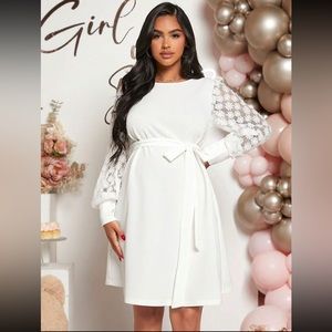 Maternity Contrast Lace Lantern Sleeve Belted Dress